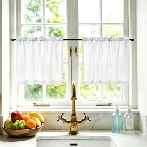 GFCC Scheibengardinen Modern Küche Bistrogardine 2er Set H45xB60cm Weiß | Leinenoptik Küchengardinen Kurz mit Stangendurchzug Landhausstil Scheibengardine Fenstergardinen für Wohnwagen Schrank Café