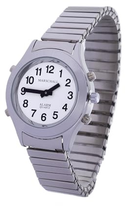 Marschall Deutsch sprechende Damen Armbanduhr I D-SM I Für Blinde, Senioren und Sehbehinderte I Komplette Datumsansage I Extra große Zeiger I Silberfarben mit Metall-Zugarmband