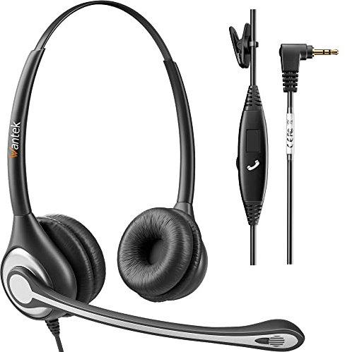Wantek Cuffie 2,5 mm Dual con Microfono a Cancellazione del Rumore e Controllo del Volume, Auricolare Call Center per Gigaset Panasonic Telefono Fisso Cordless DECT(F602J25)