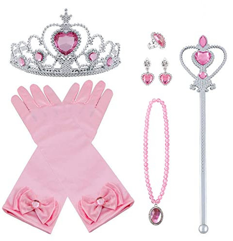 Vicloon Prinzessin Kostüme Eisprinzessin Set of 9, ELSA Handschuhe, Pfirsichherz Krone, Zauberstab, Halskette, Ring, Ohrring. (Pink)