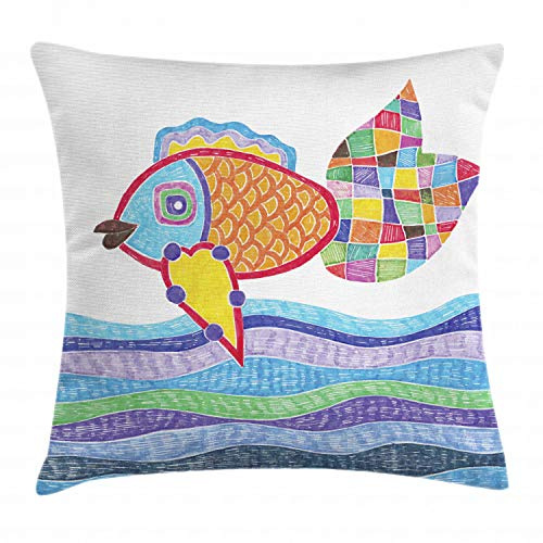 ABAKUHAUS Fisch Kissenbezug, Fischschuppen und Quadrat-Gekritzel, Kissenhülle mit Reißverschluss Beidseitiger Druck, 40 x 40 cm, Mehrfarbig