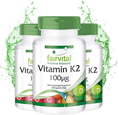 Fairvital | Vitamine K2 100µg - Menaquinone MK-7 Naturelle - à base de Natto fermenté - VEGAN - Hautement dosé - 270 gélules (90 x 3)