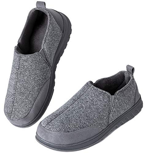 LongBay Men’s Cotton Jersey Memory Foam Slippers Breathable Comfy House Shoes with Non-Slip Indoor Outdoor Rubber Slipper(8-9 UK,Grey)