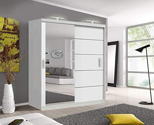 Modern Bedroom Mirror sliding door wardrobe with 2 LED Light Width 150cm/180cm/203cm (150cm, White)