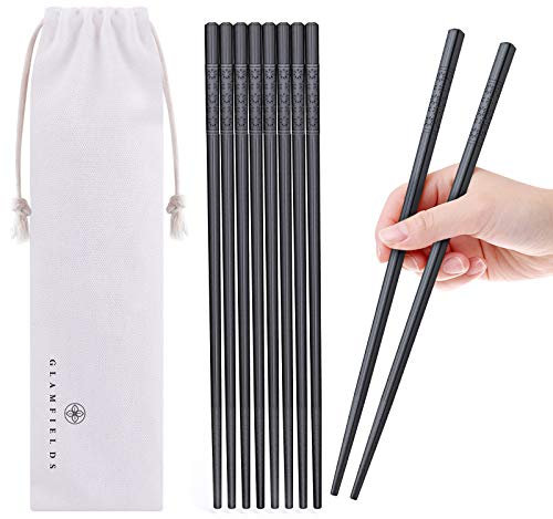 Glamfields Lot de 5 paires de baguettes en fibre de verre, réutilisables, chinoises, coréennes, antidérapantes, 24 cm – Noir avec sac de transport en coton multi-usages avec cordon de serrage