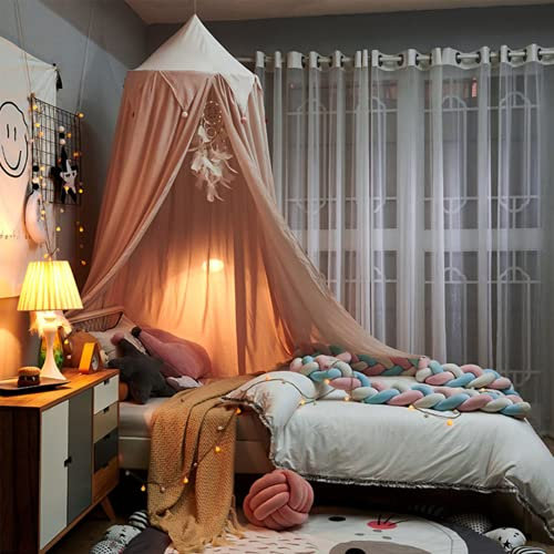 SHIKUN Baumwolle Round Dome Bett Baldachin Moskitonetz Bett Zelt mit Flagge Quaste Nordischen Stil Kinderzelt Bett Vorhang Kinderzimmer Dekoration für Jungen, Mädchen, Kinderbett