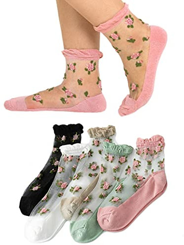 IYOU Ancien Virer Cheville Des Chaussettes Rose Fleur Engrener Des Chaussettes Extérieur Fête Transparent Décontractée Des Chaussettes pour Femmes et Filles (5 Paires) …