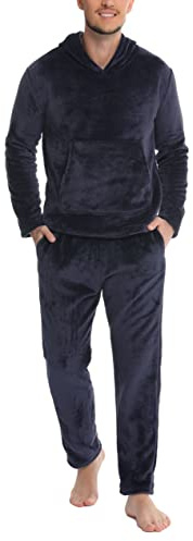 Lovasy Pigiama in Pile Uomo Caldo con Cappuccio Pigiami Due Pezzi Invernale Comodo Pigiama Lungo Completino Casual per Casa con Tasche S-XXL Blu Navy M