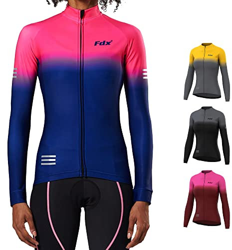 FDX Women's Cycling Jersey, Super Italian Thermal Roubaix Cycling Top, Windproof Winter Cycle jacket, Full Zipper, Water Resistant, Breathable Long Sleeve High Viz Shirt, Bike Clothing(Navy/Blu -S)