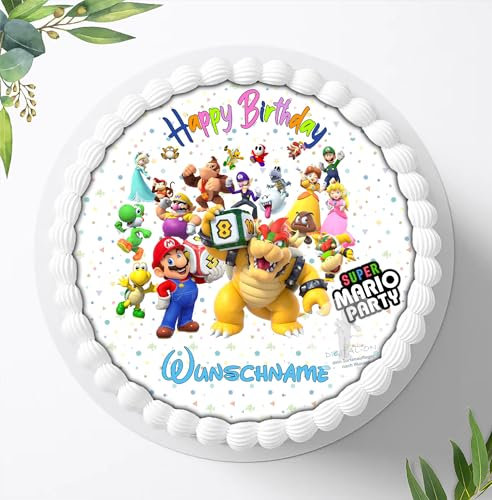 Für die Geburtstags Torte, Zuckerbild kompatibel mit: Super Mario, mit oder ohne wunschname Essbares Foto für Torten, Fondant, Tortenaufleger Ø 20cm, 0071z