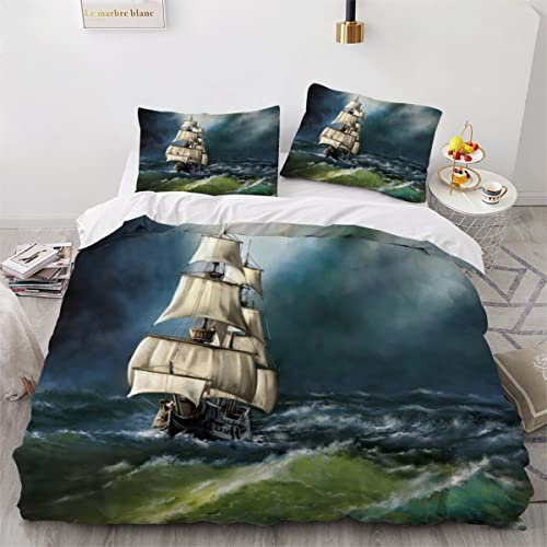ZLKEJI Bettwäsche 135x200cm Piraten Und Piratenschiffe Bettbezug SetSegelboot Segeln Im Meer Bettwäsche Set 3D Mikrofaser Reißverschluss Bettbezug und Kissenbezug 80x80cm Flauschige Weich