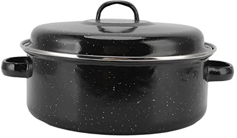 Asador Redondo Cubierto, Asadera Antiadherente con Tapa Y Estante, Asadera Multiusos de Gran Capacidad Negra Moteada, Asadera Esmaltada para Pavo, Carne, Verduras, Batatas, Castañas(26cm)