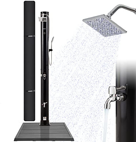 AREBOS Douche Solaire 40 L | avec Couvercle | avec thermomètre intégré | Noir | pommeau de Douche pivotant | douchette Mobile | avec Douche de Pied & raccord de Tuyau d'arrosage