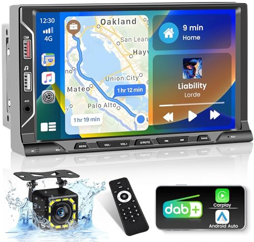 Hikity Doppel Din Android Autoradio mit DAB/DAB+ und Carplay Android Auto, 7 Zoll DAB Autoradio mit Navi Blidschirm 6 USB Port Mirror Link DAB FM RDS Radio GPS WiFi SWC Rückfahrkamera