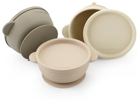PandaEar Lot de 3 Bols pour Bébés avec Ventouse | Bol en Silicone Anti-Fuite et Anti-Dérapant avec Couvercles pour Bébés, Enfants en Bas Âge et Nourrissons (Marron Tan)