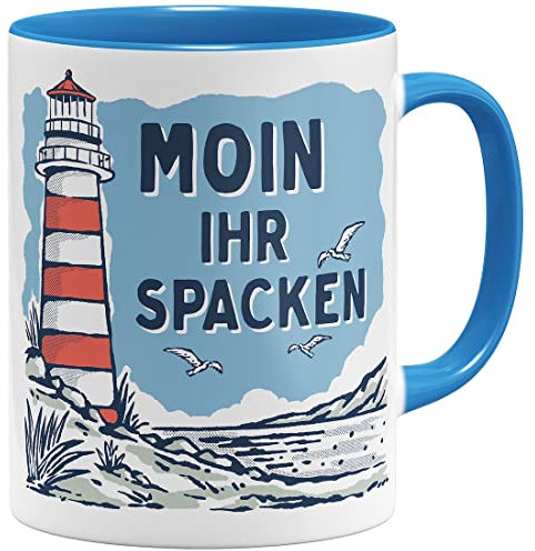 OM3® lustige Kaffee-Tasse mit Spruch - Moin Ihr Spacken - Slogan Leuchtturm Meer Küste - Keramik Becher - 11oz 325ml - Beidseitig Bedruckt - Hellblau