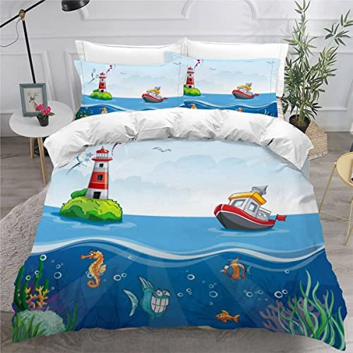 VASENA Bettwäsche Leuchtturm Schiff Bettwäsche 135x200 Kinder Blau Meer Bettbezug Set Weich Microfaser Kinderbettwäsche 3 Teilig Mit ReißVerschluss Mit 2 Kissenbezug 80x80 cm