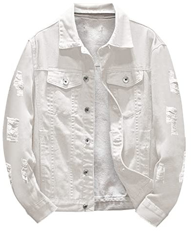 LOIJMK Denim Jacket for Men - Casual Bomber Jacket with Stand-Up Collar, Button Placket, Flap Pocket, Baggy Pilot Style, White
