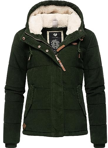 Ragwear Damen Cordjacke Winterjacke aus Kord mit kuscheligem Innenfutter und Kapuze Wuggys Dark Olive Gr. XXL