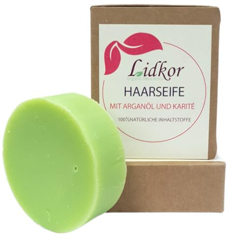 LIDKOR Bio Haarseife mit Arganöl – Pflegt und Stärkt Trockenes Haar – Festes Shampoo - Haarpflege mit Haaröl - Vegane Haarshampoo für Damen und Herren – Handgemachtes Shampoo Wie Seife ohne Palmöl 80g