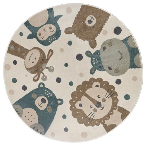 Hanse Home Adventures Kinderteppich Rund - Tiere Muster Löwe Bär Teppich Junge Mädchen für Kinderzimmer, Spielzimmer, Jugendzimmer, Wohnzimmer - Creme Braun Blau, 140cm
