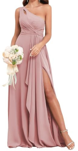 WSEYU Robe de demoiselle d'honneur trapèze avec une épaule volantée en mousseline de soie pour invitée de mariage, robe de soirée rose poudré UK22