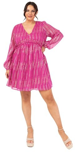 Lovedrobe Vestido corto para mujer, manga larga globo, cuello en V, gasa con detalle de lazo lateral, volantes, cintura imperio, línea A, color rosa fucsia, talla 12, rosa fucsia, 40