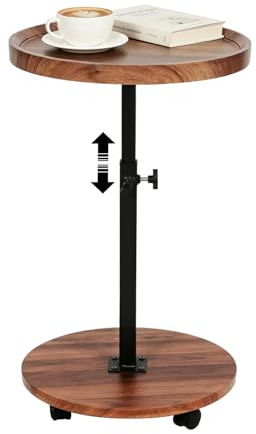 ESTUWD Table D'appoint Ronde avec roulettes | Bout de Canapé Réglable en Hauteur (45-80 cm) | Table D appoint Canapé Bois Rotatif à 360° | Finition Noyer | Table Basse Petite pour Salon Chambre