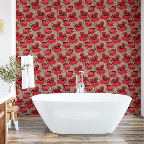 ABAKUHAUS Mohn abziehbare & klebbare Tapete für Zuhause, Retro-Garten blühende Blumen, selbstklebendes Wohnzimmer Küchenakzent, 33 cm x 250 cm, Dunkle Koralle Tan