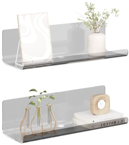 LOFTPLUS Wand Regal Ohne Bohren 2er Set - Acryl Wandregal mit Rundes Kabelloch, Schweberegal mit Kabelclips für Küche, Bad, Schlafzimmer, Wohnzimmer, Büro, Spielzimmer (30x10x8cm) - Grau
