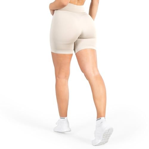 SMILODOX Sport Shorts Damen Amaze Pro, Seamless Blickdichte Radlerhose, Unsichtbarer Scrunch-Effekt, V-Shape High Waist Kurze Sporthose Biker Shorts Yoga Fitness Gym, Größe:XS, Color:Khaki
