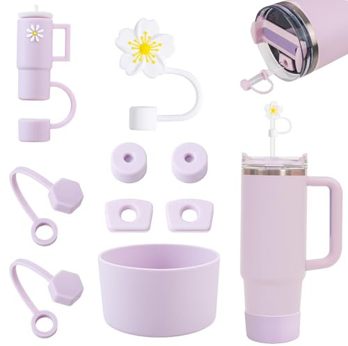 FOSFUKEER Stanley Cup Lot de 6 bouchons en silicone anti-fuite, 2 couvercles en paille, 1 coque en silicone pour gobelets Stanley de 1,2 l et 850 ml, tasses non incluses (lilas)