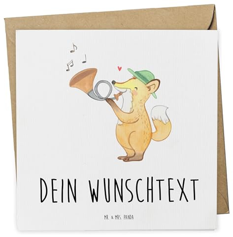Mr. & Mrs. Panda Personalisierte Karte Fuchs Jagdhorn - Geschenke, Karten, Horn, Grußkarte personalisierbar, Postkarte personalisiert, Blasinstrument, Blechblasinstrument, Jagd, Instrumente