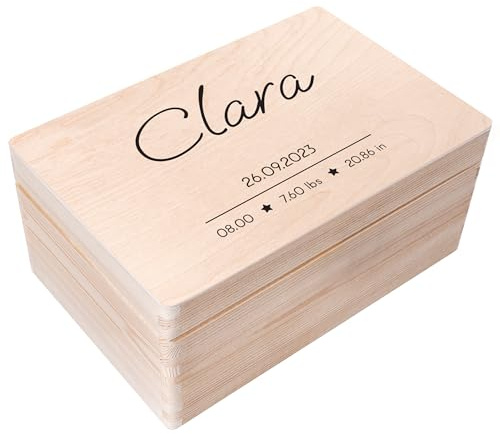 Creative Deco Erinnerungsbox Baby Personalisiert mit Namen | 30 x 20 x 14cm | Sterne | Individuelle Erinnerungskiste Geschenk zur Geburt für Mädchen und Jungen | Holzkiste mit Deckel