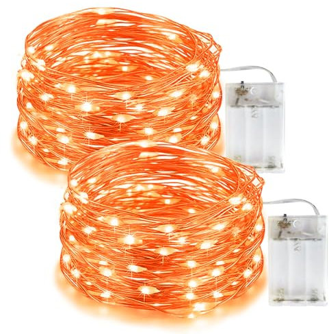 Catena Luminosa Arancione a Batteria, 2 Pezzi 5 metri 50 LED Stringa Luci d'argento filo Fata Luci Lucciole a Batteria Impermeabili, Halloween Decorazioni Lucine Decorative Gghirlanda Autunnale