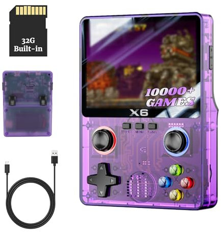 Bewinner X6 Console de jeu portable rétro, plus de 10 000 jeux, avec écran IPS de 3,5 et double joystick, prise en charge pour connecter un téléviseur (violet transparent)