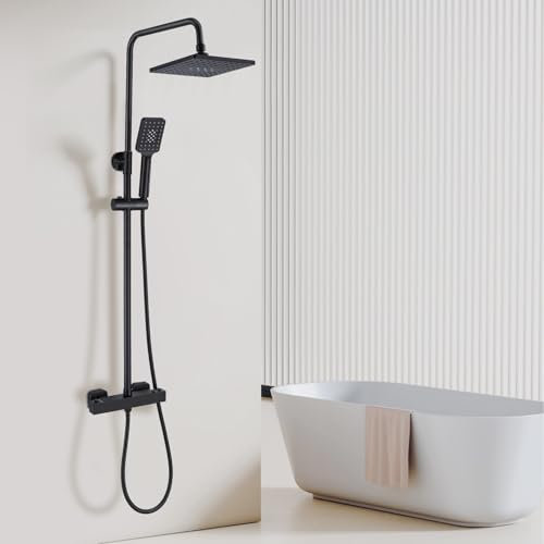 HOZKUY Duschsystem mit Thermostat Schwarz, Quadratisches 38 °C Duscharmatur Komplettset mit Regendusche, 3 Funktions Handbrause, Höhenverstellbar Verstellbarer Duschstange 73-110cm