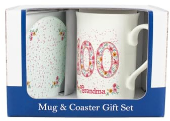 Purely Home Pink Floral Grandmas 100th Birthday Mug & Coaster Gift Set - Bone China Mug and Glass Coaster Tea/Coffee Cup Present for Nan
