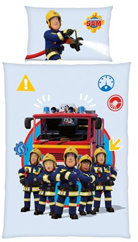 Feuerwehrmann Sam Kinder-Bettwäsche-Set | 100x135 cm Deckenbezug + 40x60 cm Kissenbezug | Atmungsaktive Baumwolle | Mit Reißverschluss | Feuerwehr Crew Pontypandy in Blau | Geschenkidee Kinder