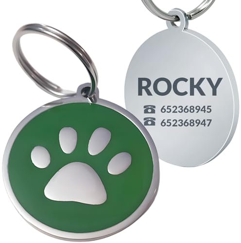 Chapa de Identificación Personalizada para Perros y Gatos – Placa Grabada de Acero Inoxidable con Nombre y Teléfono – Ideal para Mascotas Pequeñas, Medianas y Grandes (Redondo pata verde 37 cm)