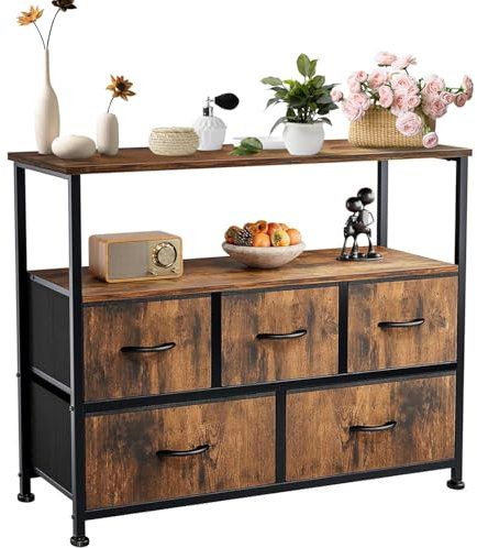 DUMOS Cómoda con cajones, cómoda y aparador para Dormitorio, Armario de Cocina con 5 cajones, Mueble de TV con Marco de Acero Estable, Ideal para Dormitorio, salón (marrón Vintage)