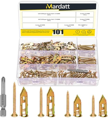 Mardatt Lot de 100 vis d'ancrage auto-foreuses pour cloison sèche - En acier galvanisé - 12 x 30 mm - 12 x 40 mm - Vis auto-taraudeuses - Facile à utiliser - Pas de perçage