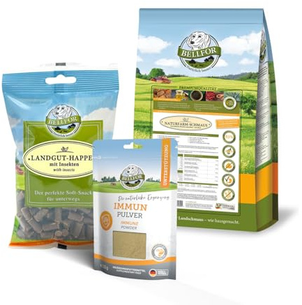 Bellfor Sparset für mittelgroße Hunde – purinbewusstes Trockenfutter Naturfarm-Schmaus 2,5 kg + Landgut-Happen 200 g + Immun Pulver 250 g – hypoallergen & getreidefrei