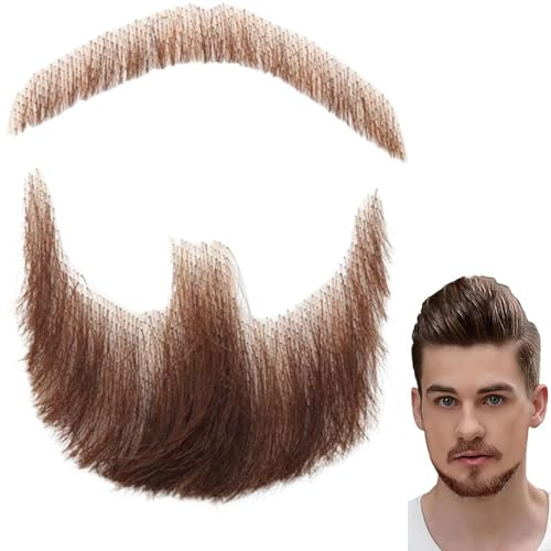 Fake Beard, Realistic Goatee Facial Hair with Invisible Lace, Faux Mustache for Men Halloween Cosplay Makeup (Style 2) Brown