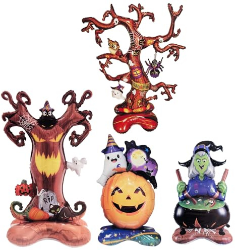 com-four® 4x palloncini XXL Halloween in foil - grandi palloni autoportanti per decorazioni festa spaventosa - figure terrificanti [assortiti] (Palloncino in foil da 4 pezzi - Halloween)