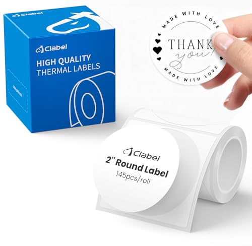 CLABEL 48mm Étiquettes Thermiques Rondes Blanches - 145 pcs Étiquettes Autocollantes pour Imprimante d'Étiquettes - Résistantes à l'eau, Idéal comme Étiquettes de Prix, Pots de Confiture & Cadeaux