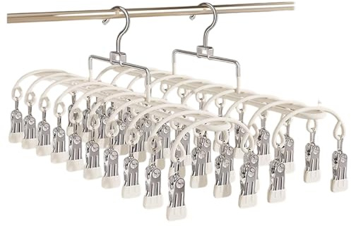 WQSIRYSTP Pack of 2 Stainless Steel Sock Dryers with 40 Clips, Double Row Metal Washing Clips, Windproof Folding Dryer for Socks, Underwear, Gloves (White)