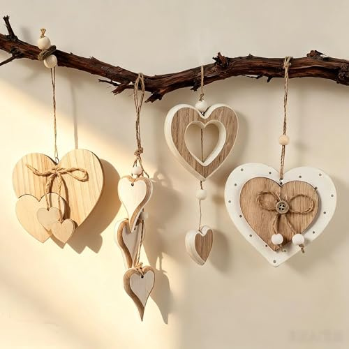 txuzong 4 Stück Hängende Holz-Herzen Fensterdekor, Holz | Dekoanhänger in Herzform für Fenster, Raum, Hochzeit und Tischdeko – Natürlicher Wandbehang, Rustikale Wohnaccessoires