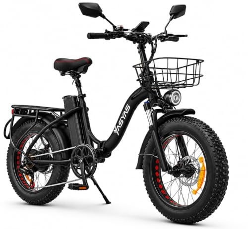 Yasyas Electric Bike for Adults, 20 Fat Tyre Folding Electric Bike, 250W Foldable Ebike, 48V 25Ah Removable Battery, Electric Bicycle with LCD Display, 7-Speed Gears, Basket & Rear Rack