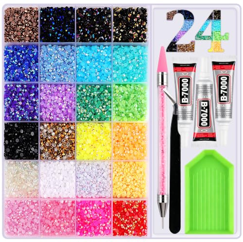 32000pcs Nail Art Rhinestones, 24 Colours Rhinestones Bedazzling Kit | with Tool Storage, Nail Art Gems with Pickup Pen&Tweezers&Adhesive 30ml Glue&Plastic Trays for DIY Nail Art Decoration